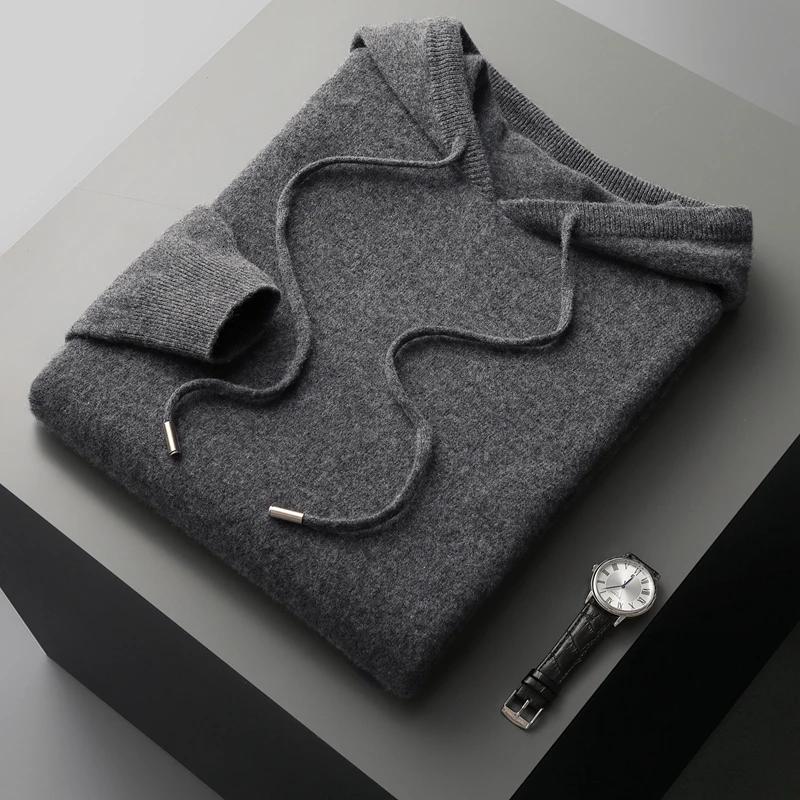 MVLYFLRT hommes 100% laine mérinos pull à capuche col tricoté pull sweat automne hiver décontracté g