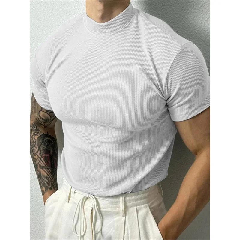 T-shirt sport homme rayé printemps été - Col haut élastique pour fitness et activités de loisirs