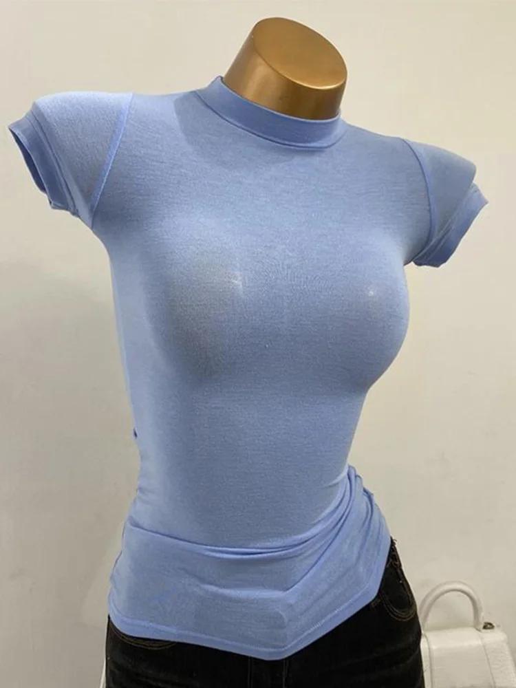 T-shirt à Manches Courtes et Col Mi-haut, Haut Transparent, Coupe Slim, artificiel astique, Couleur