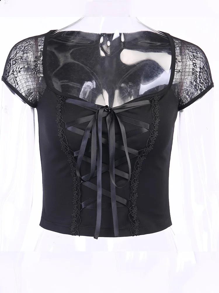 T-shirt gothique Vintage pour femmes, moulant, Bandage, dentelle, maille noire, Sexy, décontracté, g