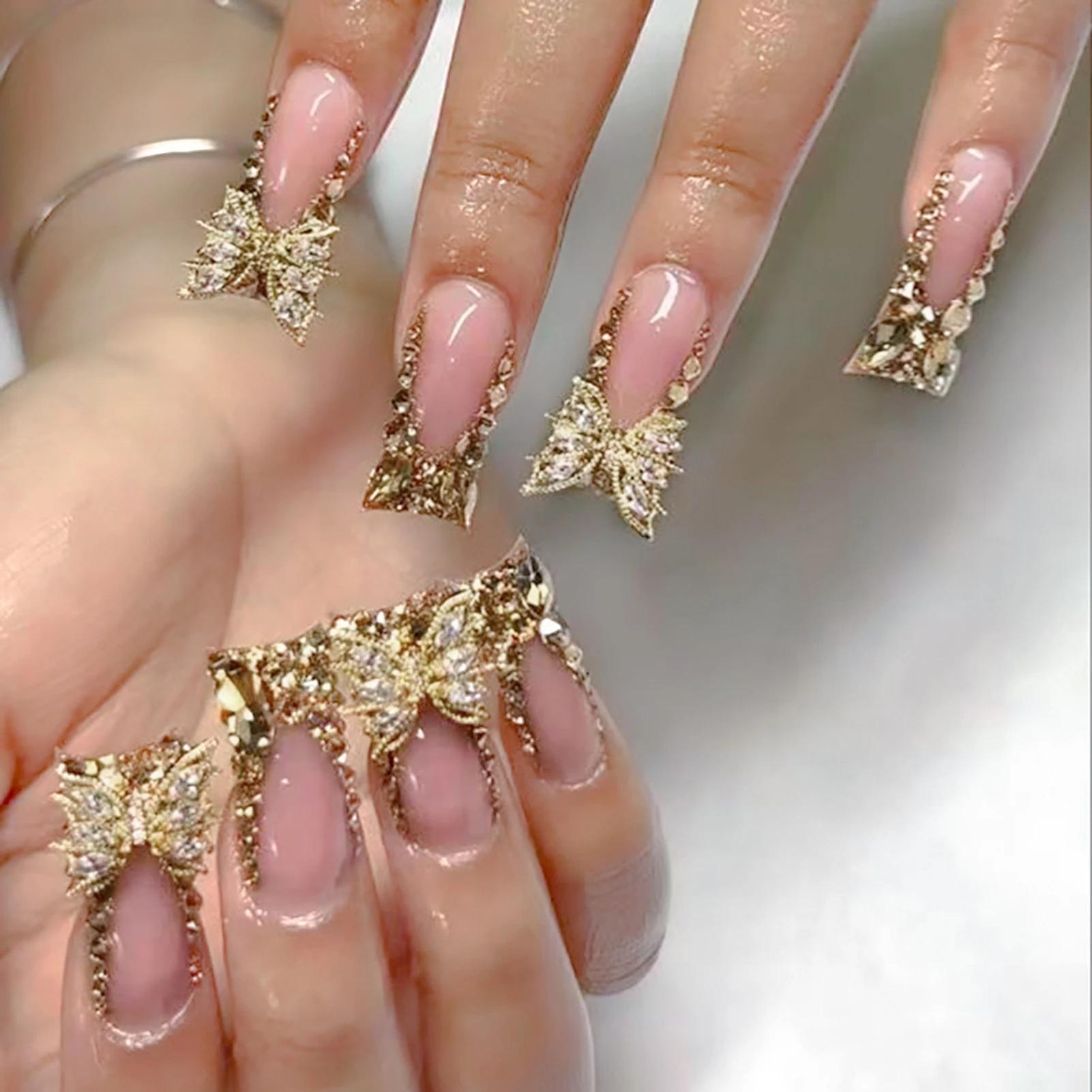24 pièces lumière luxe presse sur ongles brillant or Style français bec de canard faux ongles plein