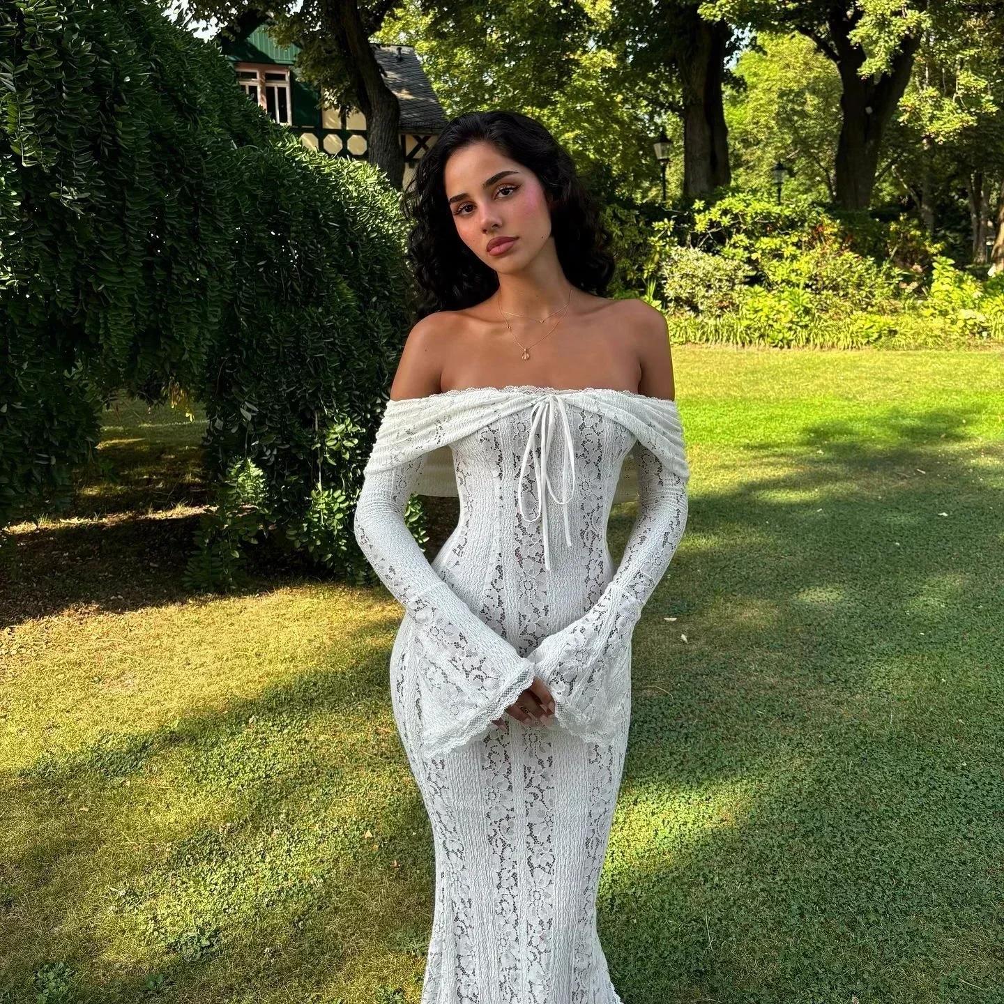 Oligai Robe Longue Dentelle Blanche Femme 2024 - Robe Épaules Dénudées Manches Évasées Bodycon pour