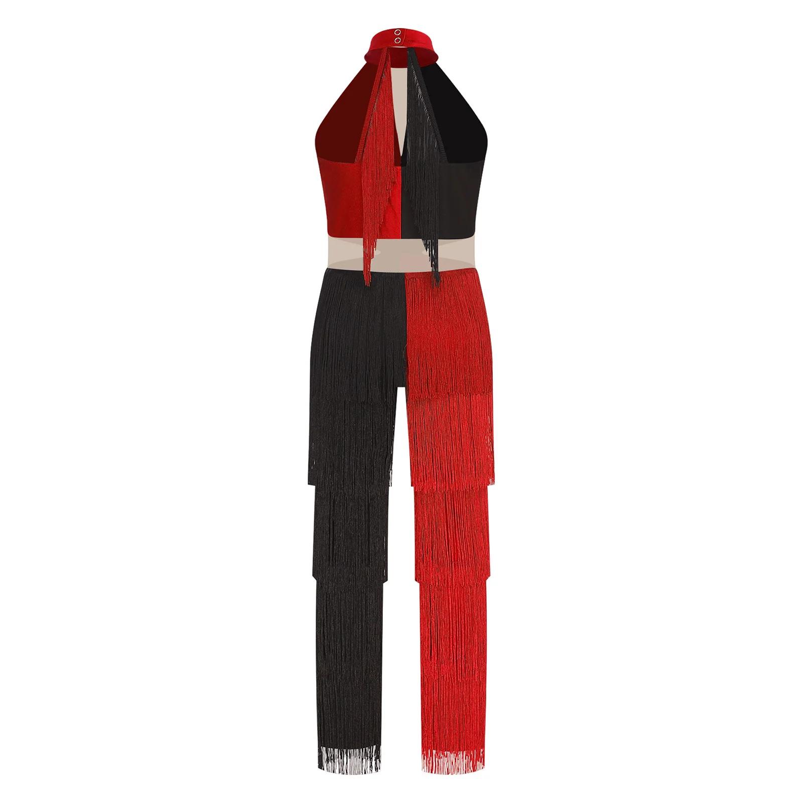 Combinaison de danse latine à paillettes pour filles, col licou, Costume Disco, body sans manches, b