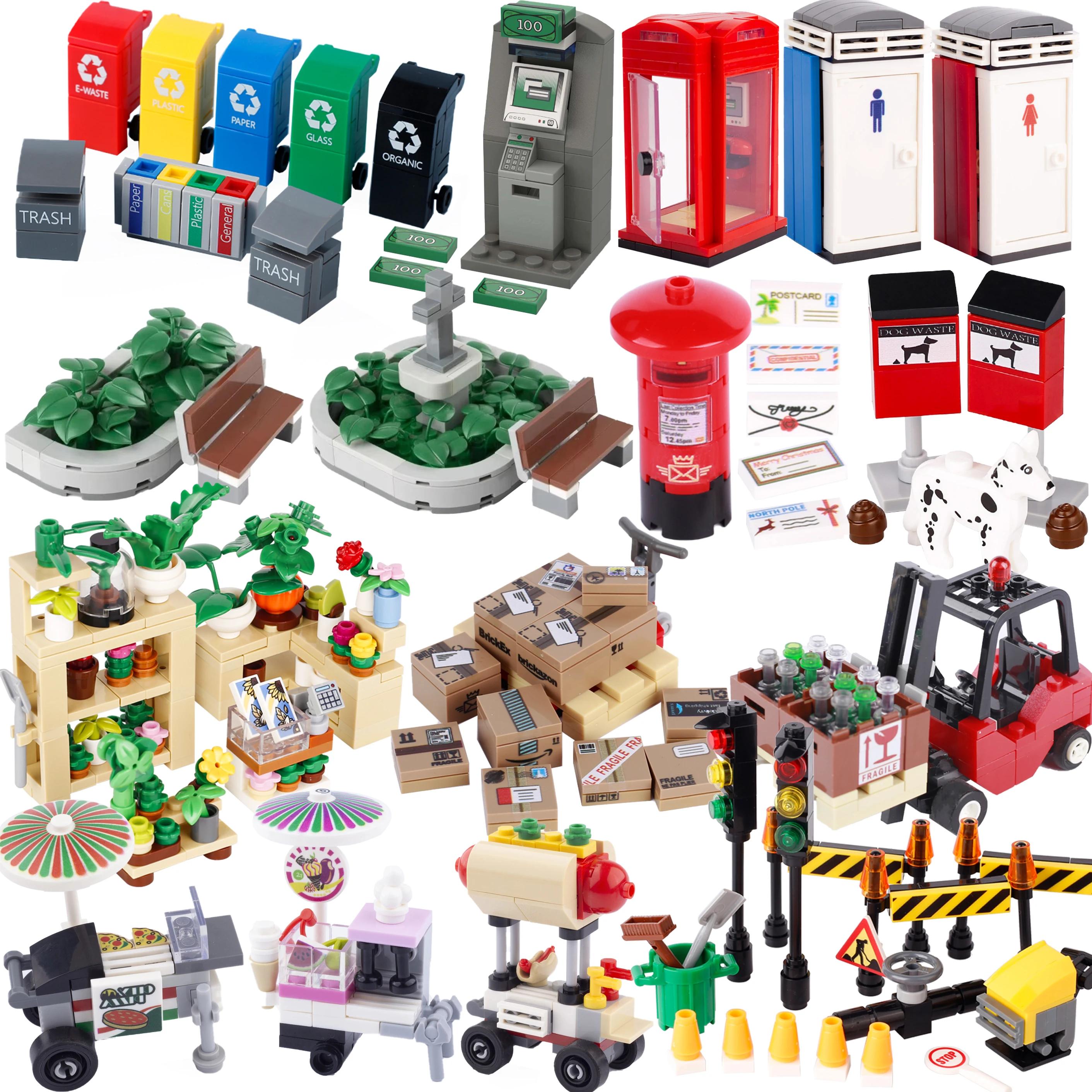 MOC – blocs de construction de stand de nourriture, boîte d'appel, toilettes, vue sur la rue, Pizza,