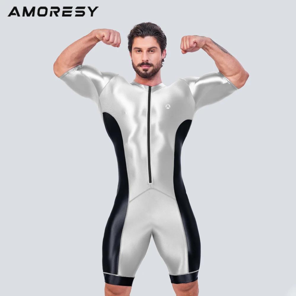 AMORESY-Combinaison de sport en satin brillant pour homme, survêtement de course, de cyclisme, de fi