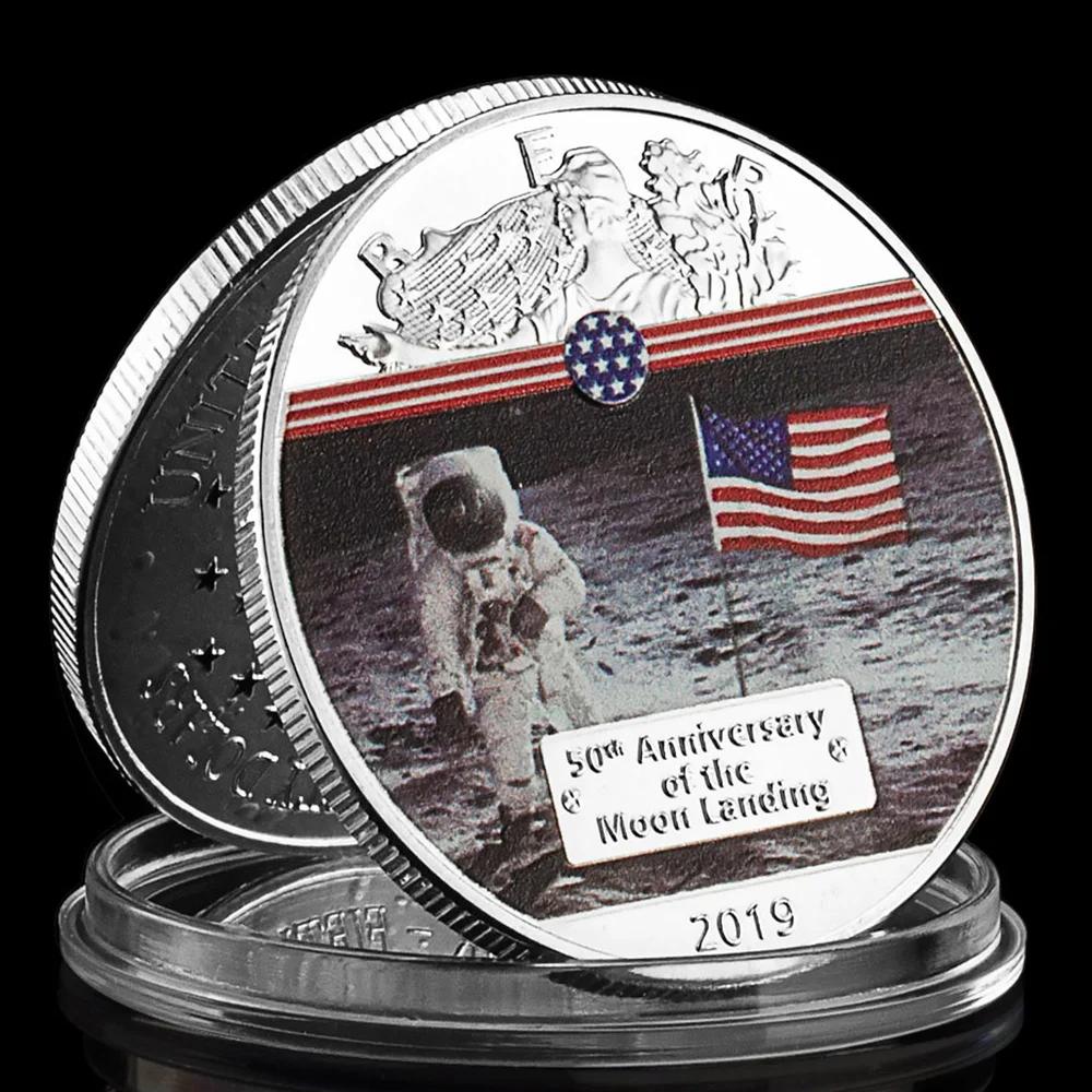 50e anniversaire de l'atterrissage de la lune 2019 pièce commémorative plaquée colorée cadeau de col