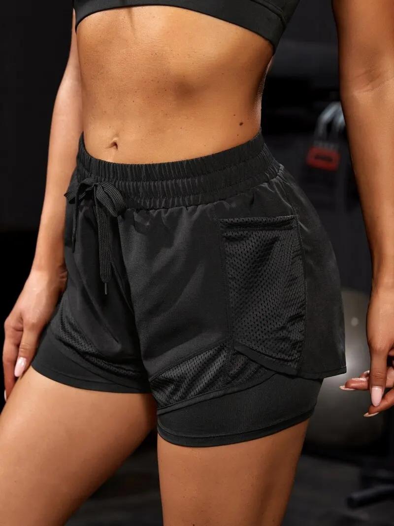 Short de sport élastique pour femmes, short avec poches, faux Leggings de Yoga deux pièces pour cour