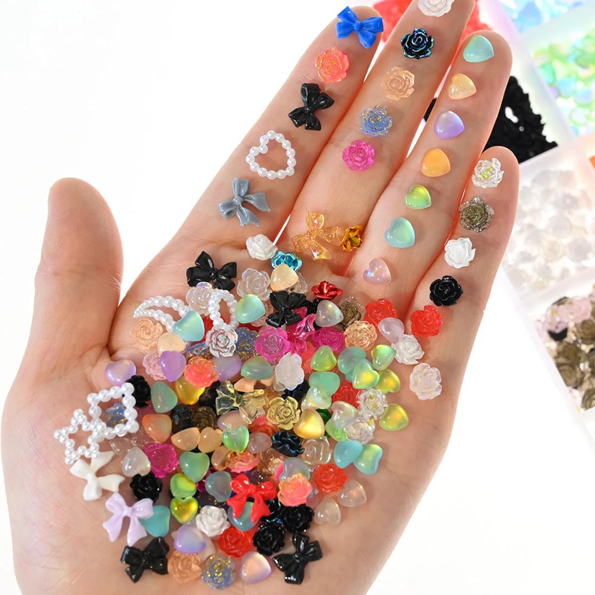 500-600 pièces mixte nœud papillon coeur fleurs breloques pour ongles 3D bonbons couleurs mélangées