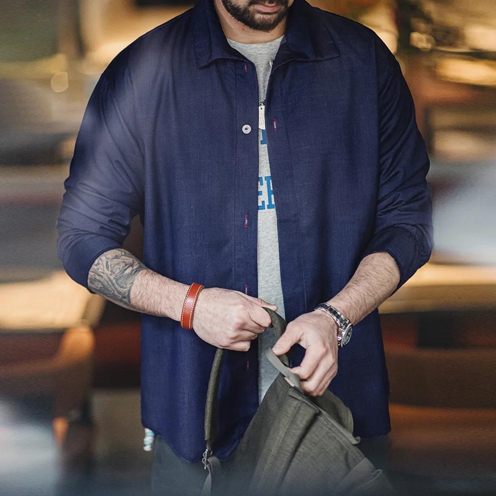 Maden-Chemise en Denim à Manches sulfet Col Rabattu pour Homme, Manteau de Printemps Bleu, Vêtement