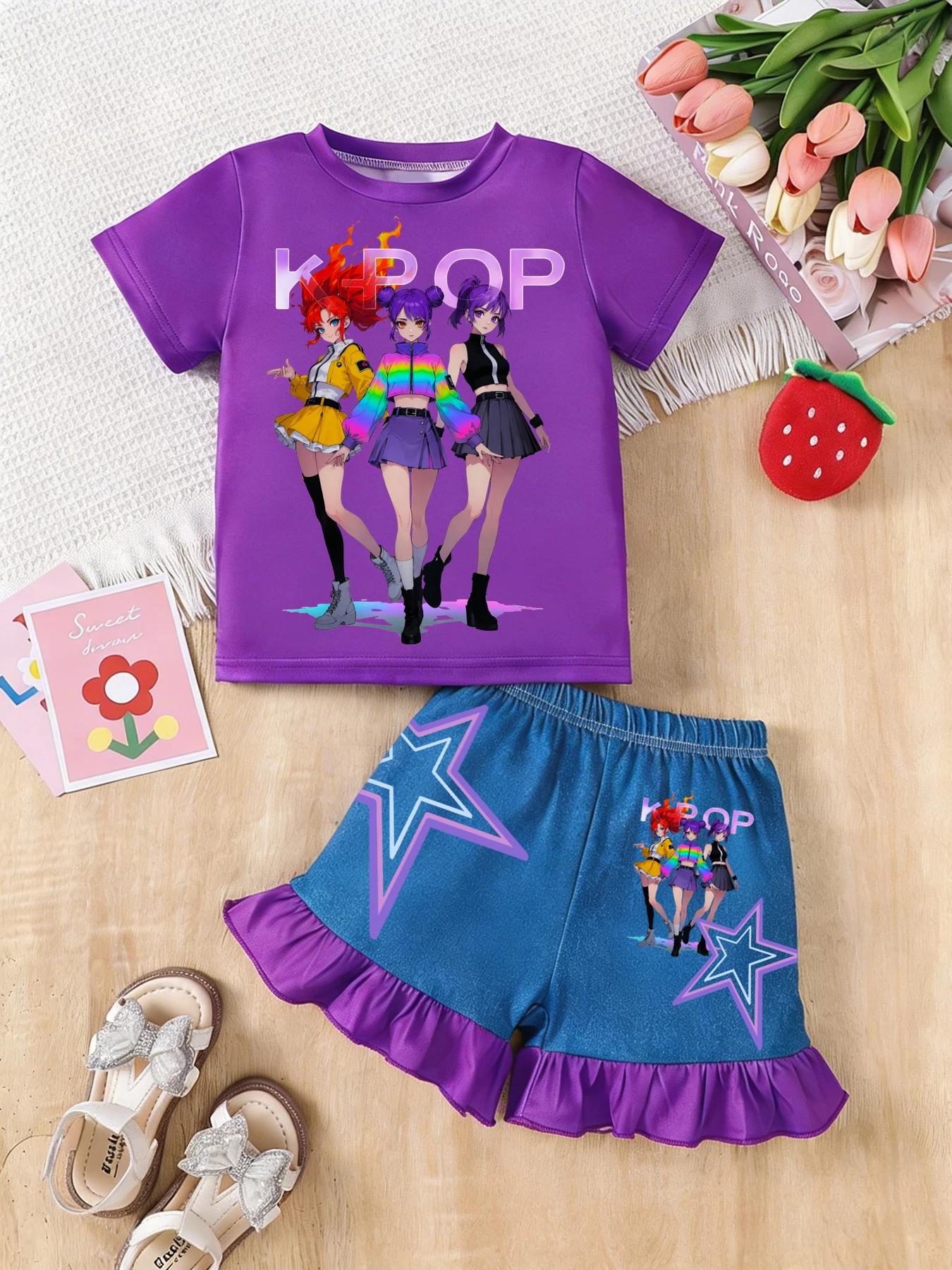 Ensemble 2 pièces tendance pour filles : T-shirt à manches courtes et short à volants, motif K-Pop A