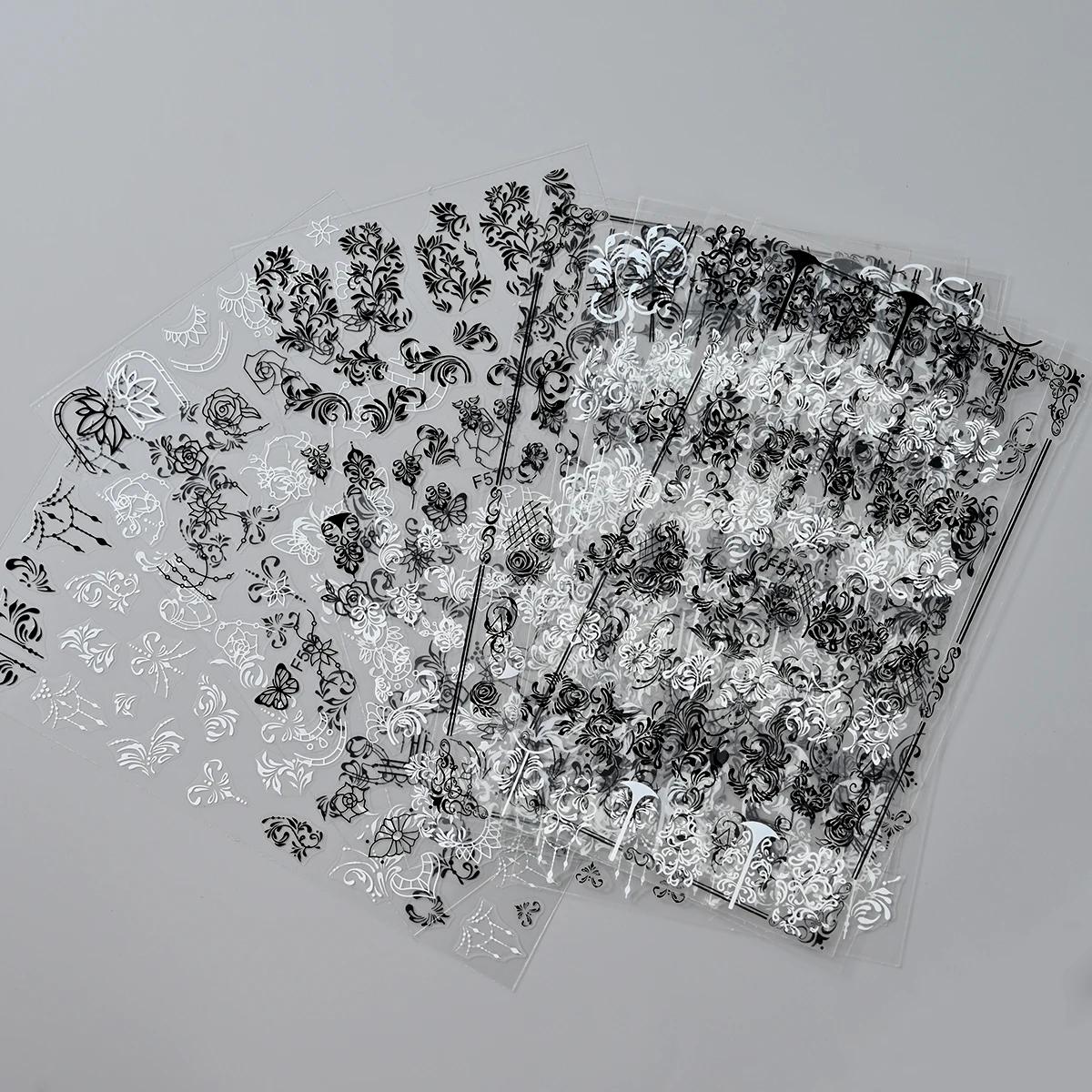 Autocollants 3D fleurs en dentelle noire et blanche pour Nail Art, étiquette auto-adhésive à ligne g
