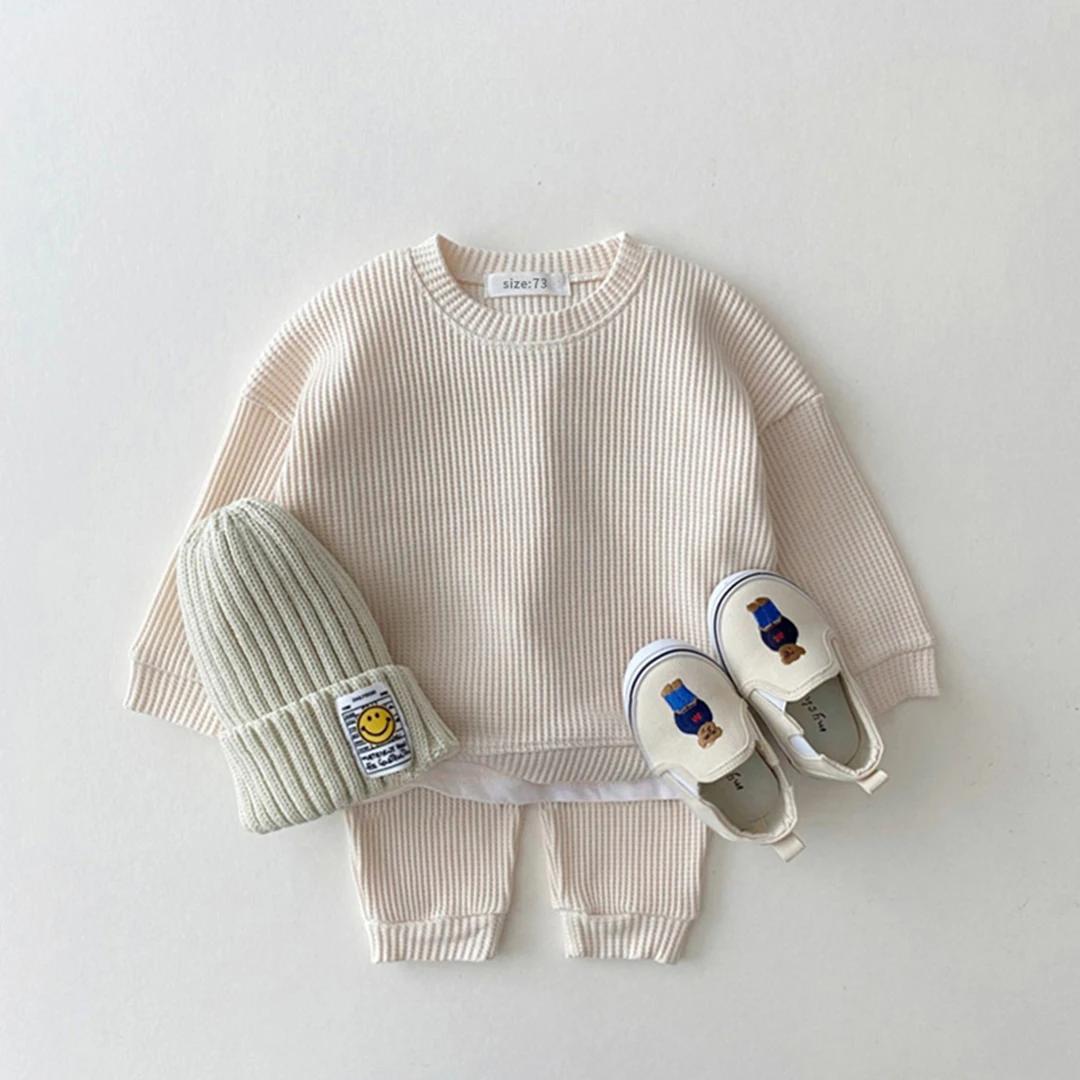 Ensemble de vêtements coréens pour bébés garçons, faux deux pièces en coton gaufré + pantalon, tenue