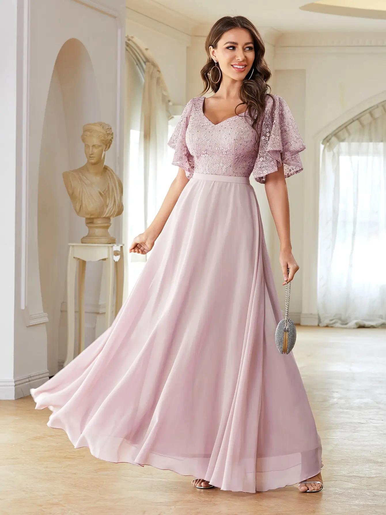 Mgiacy col en v demi manches en mousseline de soie extra longue dentelle patchwork robe élégante rob