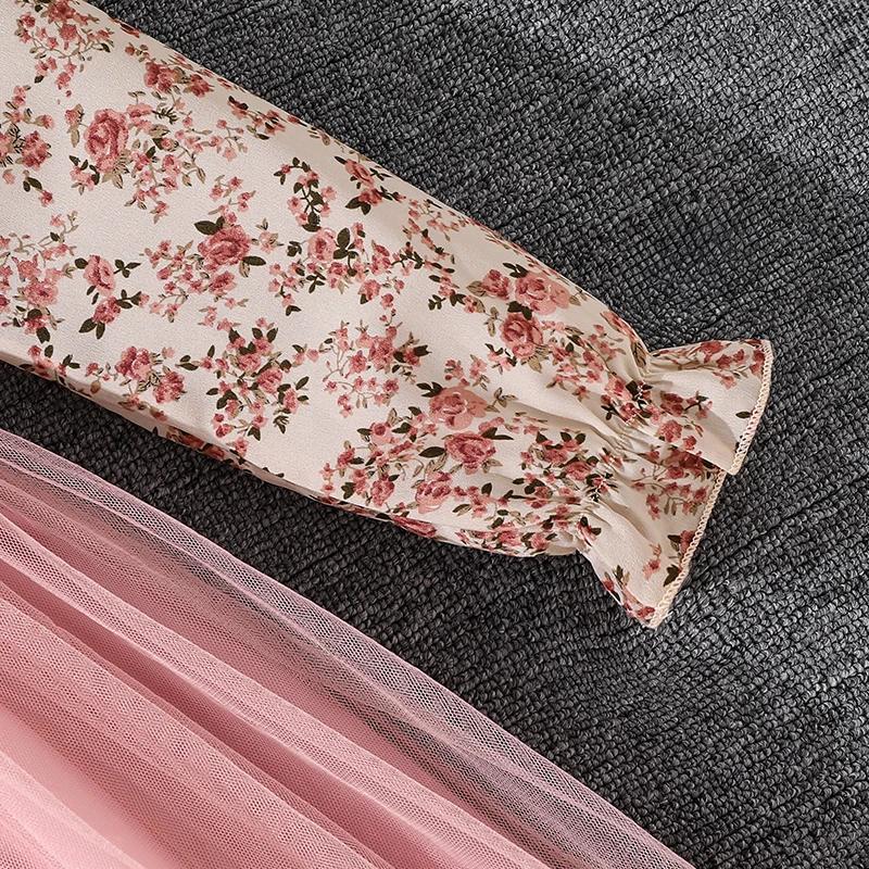 Robe de Style paysan pour filles de 8 à 12 ans, imprimé Floral, revers, ourlet en maille rose, douce