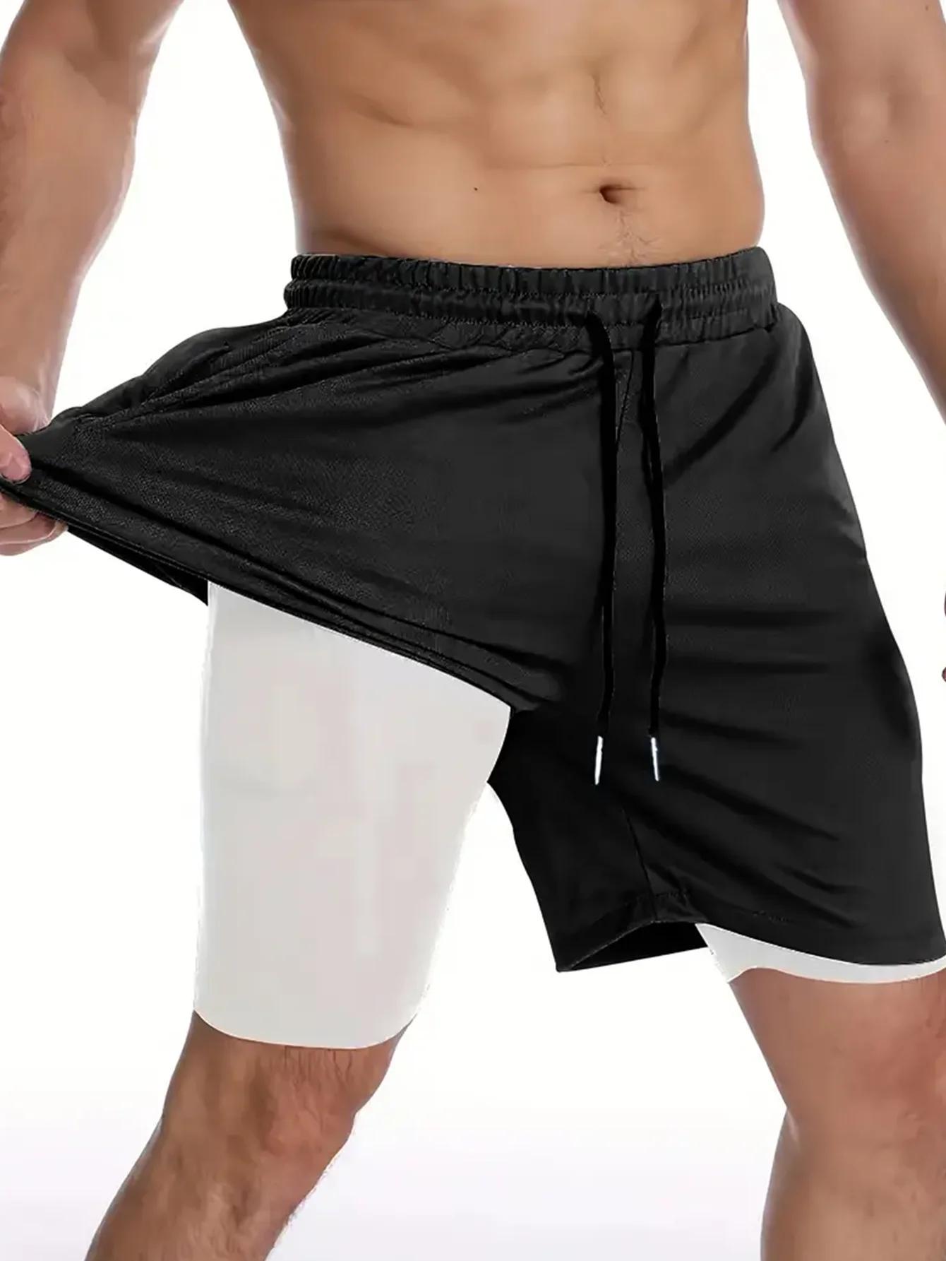Short de Fitness Double couche pour hommes, Compression extensible, respirant, séchage rapide, exerc