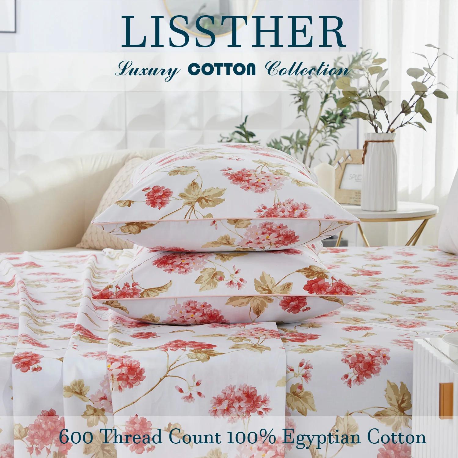 Ensemble de housse de couette 100% coton égyptien 600TC, 3 pièces, Floral de printemps rose Shabby C
