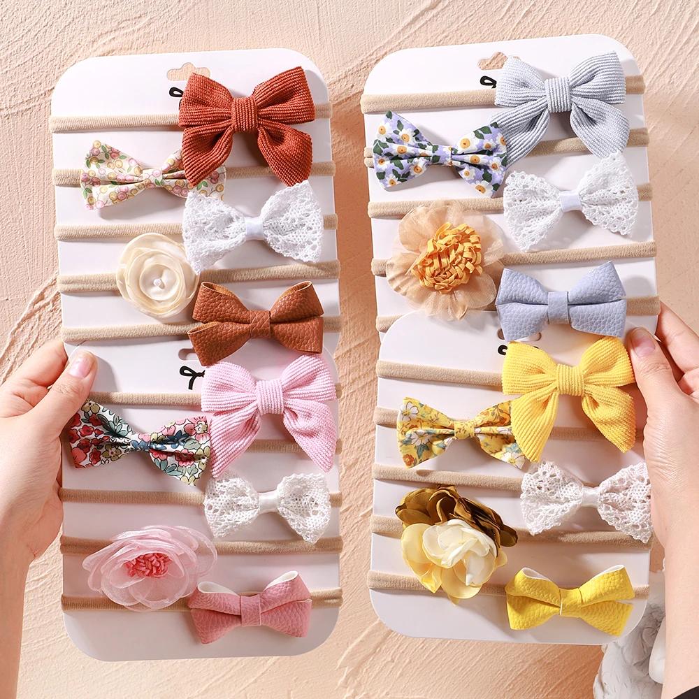 5 pièces/lot bébé élastique en Nylon bandeau nouveau-né belle fleur dentelle arc bandeau pour fille