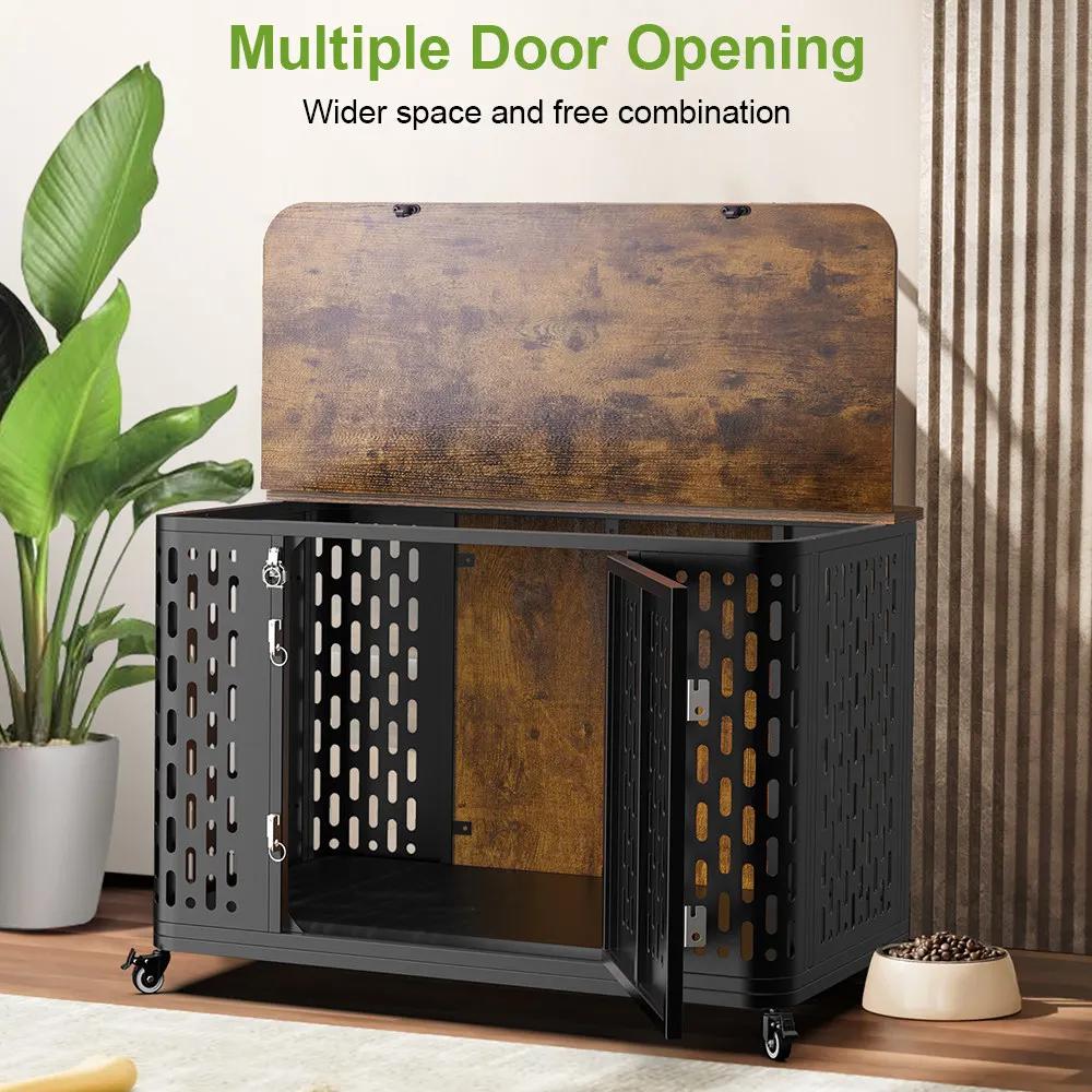 Caisse pour animaux de compagnie avec coussin, chenil en bois, roues flexibles, meubles polyvalents