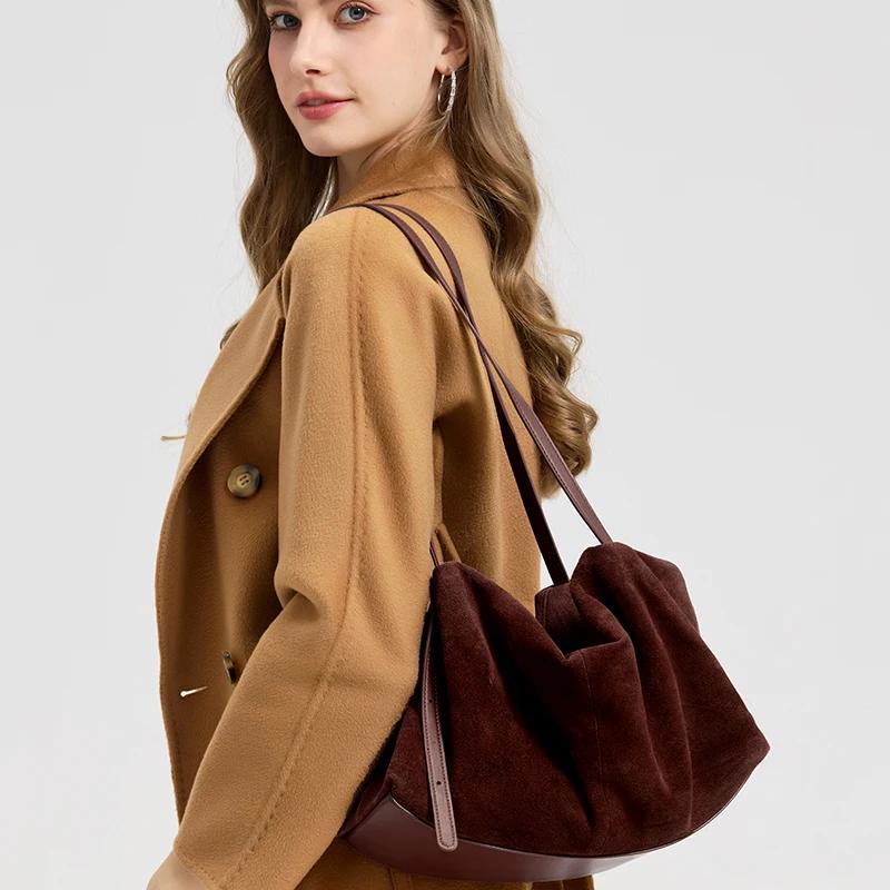 Sacs à main en cuir véritable Nuede naturel pour femmes, sac fourre-tout de grande capacité, sac de
