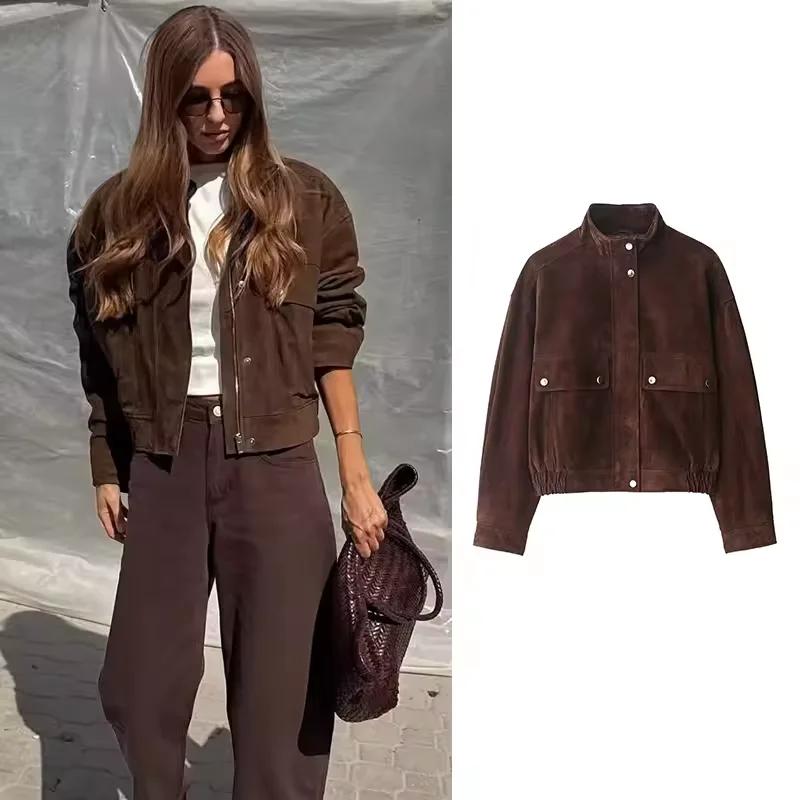Femmes veste en cuir suédé avec poches automne mode col haut à manches longues bouton veste dame man