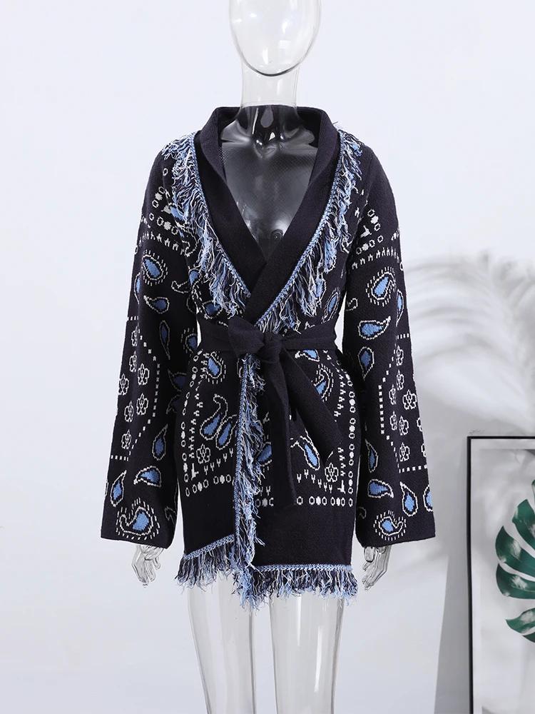 Cardigan imprimé Vintage avec pompons pour femme, col en v, manches longues, pull épissé, assorti av