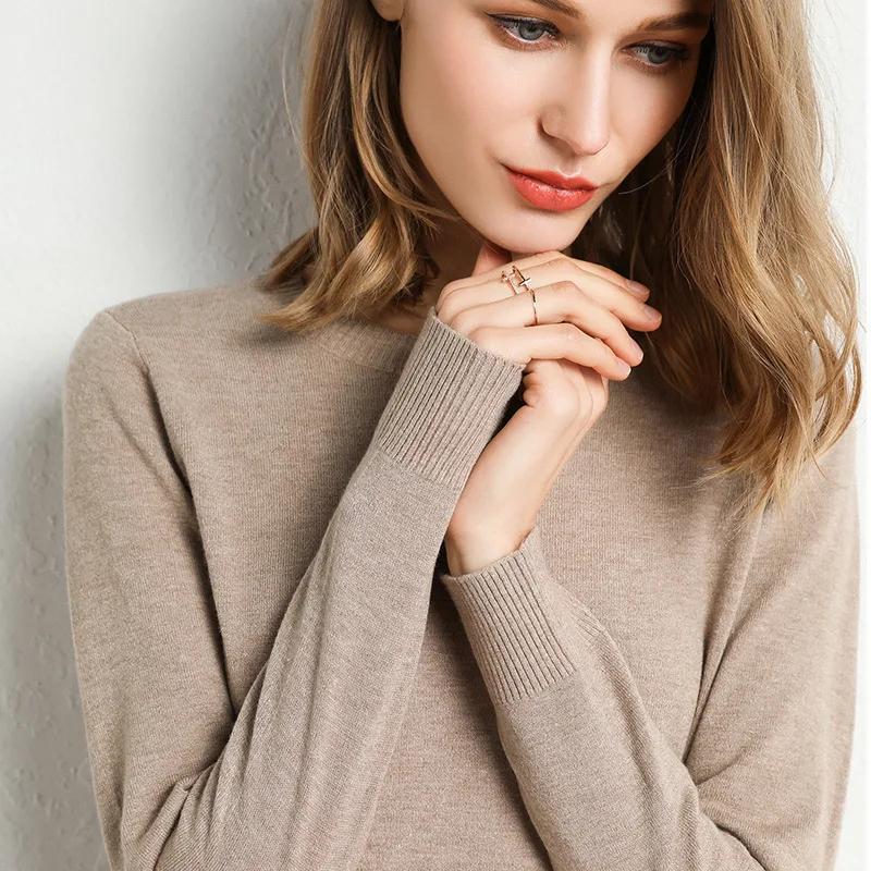 Pull Slim à col rond pour femme, couleur unie, mélange de laine et cachemire, chemise à manches long