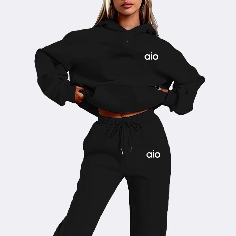 Ai impression haute qualité femmes Monochrome sweat à capuche ensemble décontracté deux pièces ensem