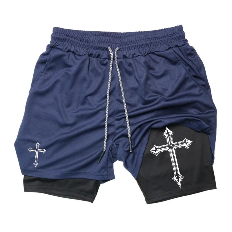 Short d'entraînement 2 en 1 homme - Imprimé croisé avec doublure compression, poche téléphone et boucle serviette