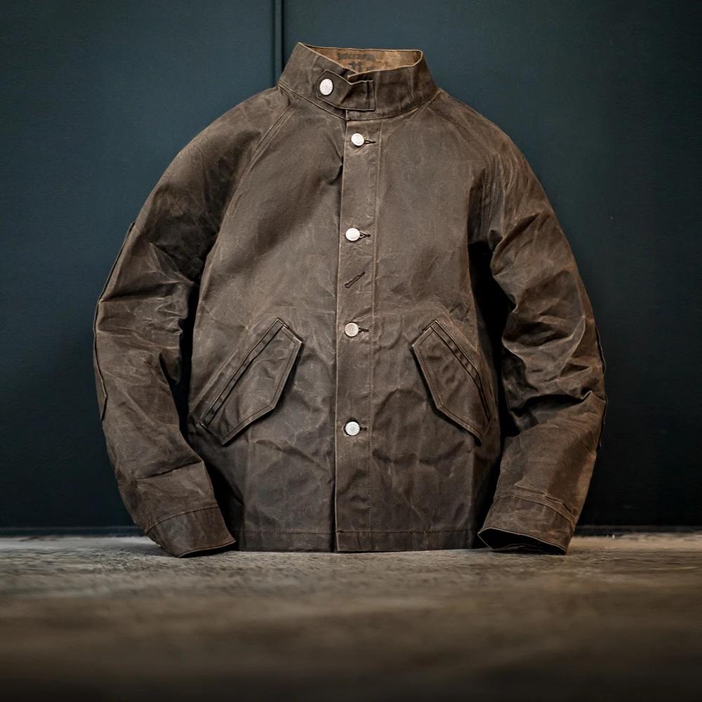 Maden veste vintage à col montant en toile cirée coupe-vent, veste homme unie classique de chasse, p