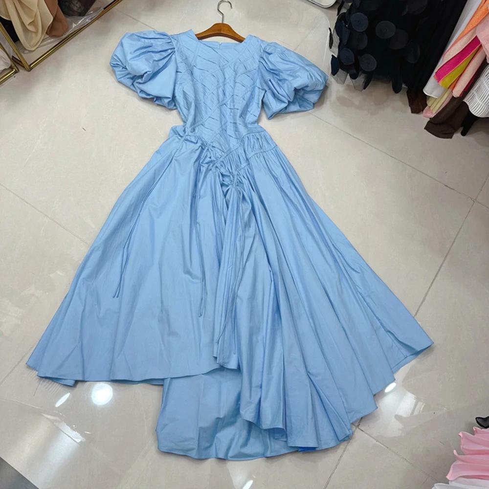 TWOTWINSTYLE tempérament robes solides pour les femmes col rond manches à bulles taille haute décont