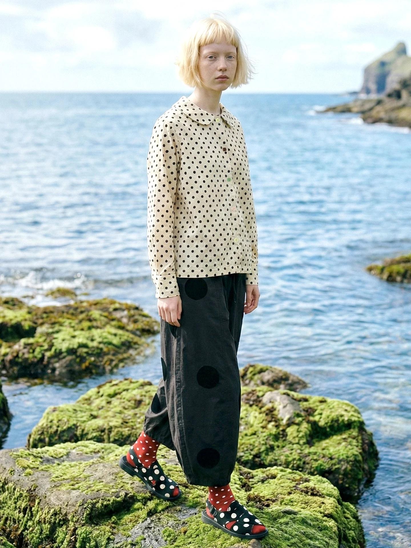 IMAKOKONI – chemise à pois avec col Peter Pan pour femme, chemisier à manches longues avec boutons s