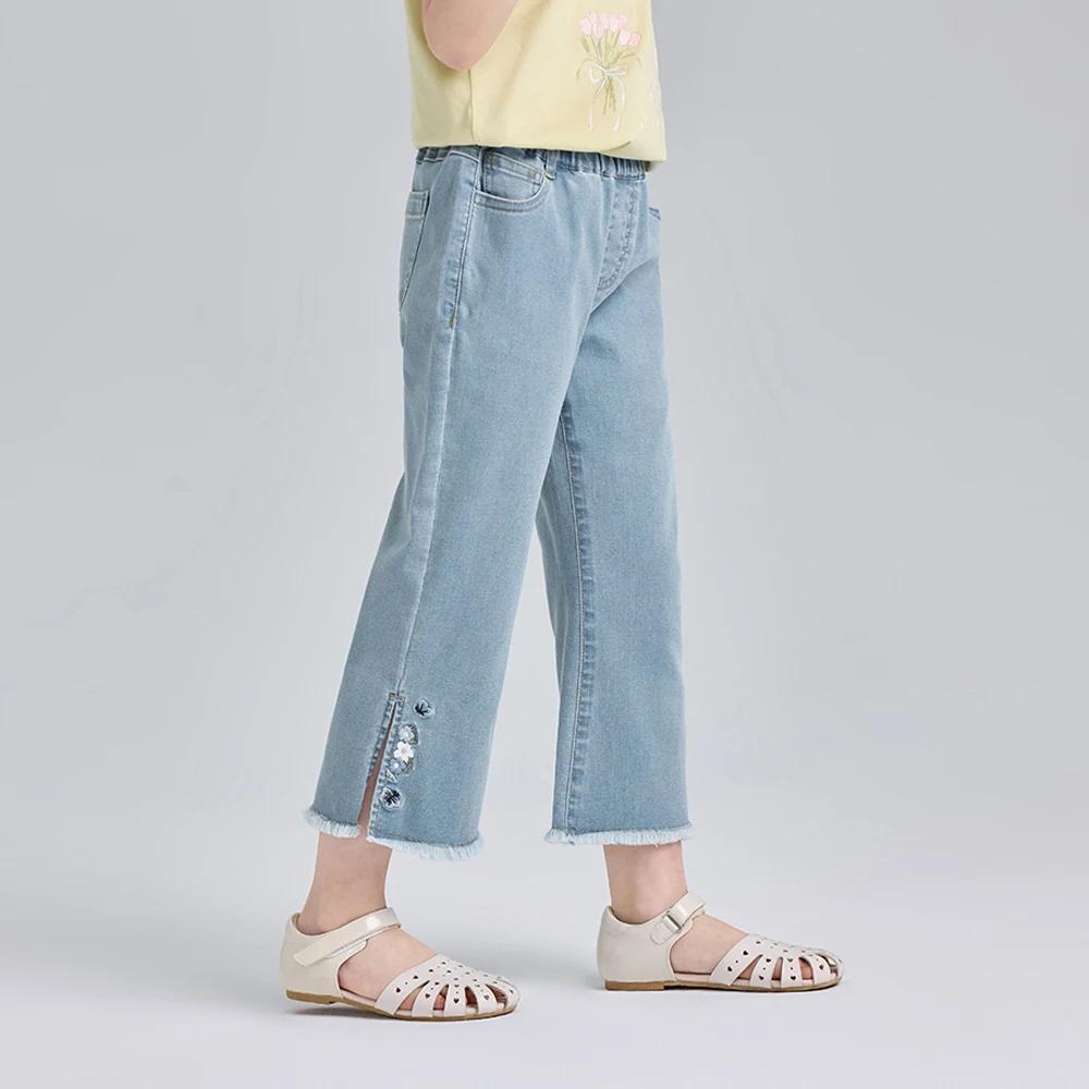 Pantalon d'été brodé pour filles Dave Bella, décontracté, taille élastique, poches, coupe bootcut, j