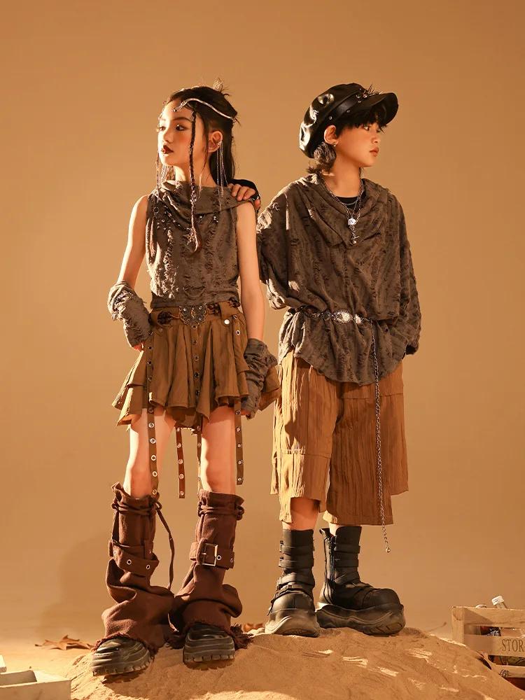 Ensemble t-shirt et jupe déchirés gothiques pour enfants, Streetwear pour adolescents, Wasteland Pun