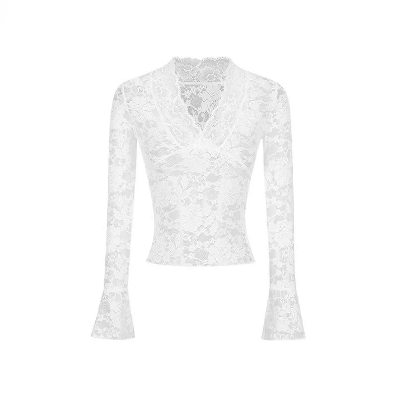 Sexy col en v transparent T-Shirts mode femmes Flare à manches longues printemps dentelle mince pull