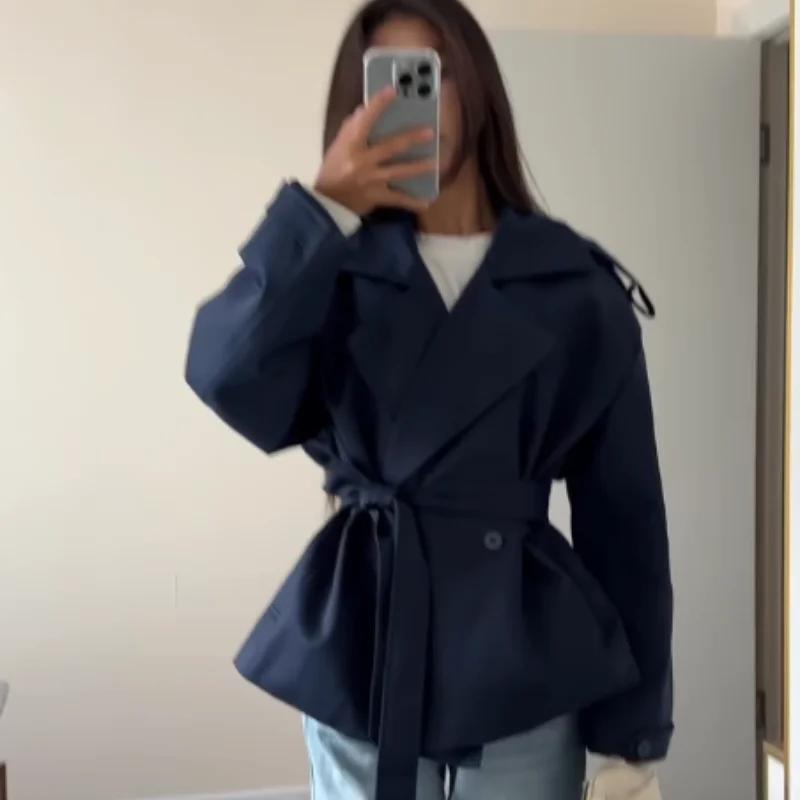 Manteau trench pour femme à col revers et col en V, manches longues, coupe ajustée, avec ceinture, c