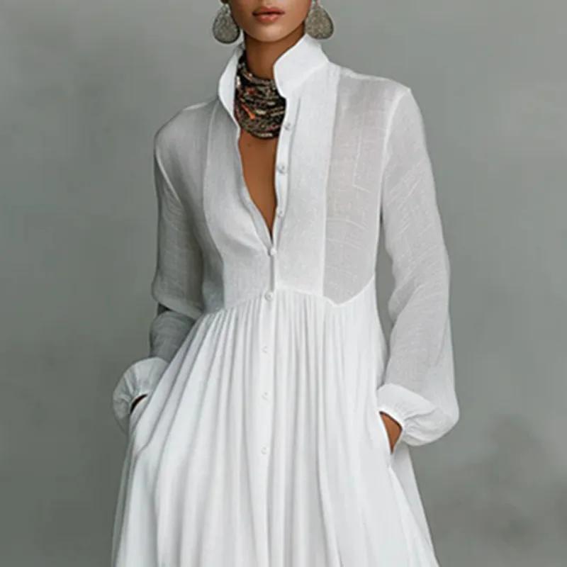 Robe longue élégante à taille haute pour femme, style swing, avec poches, plissée, pour le printemps