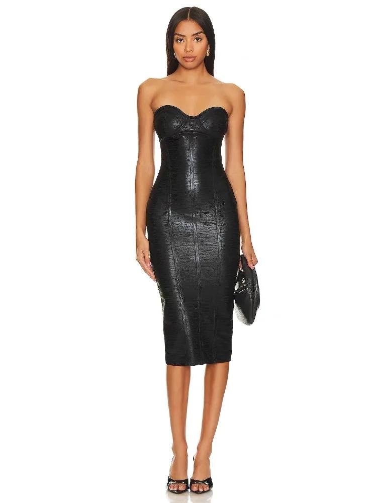 Robe à bandes moulante sans bretelles pour femmes, couleur feuille noire, Sexy, mode, soirée, fête d