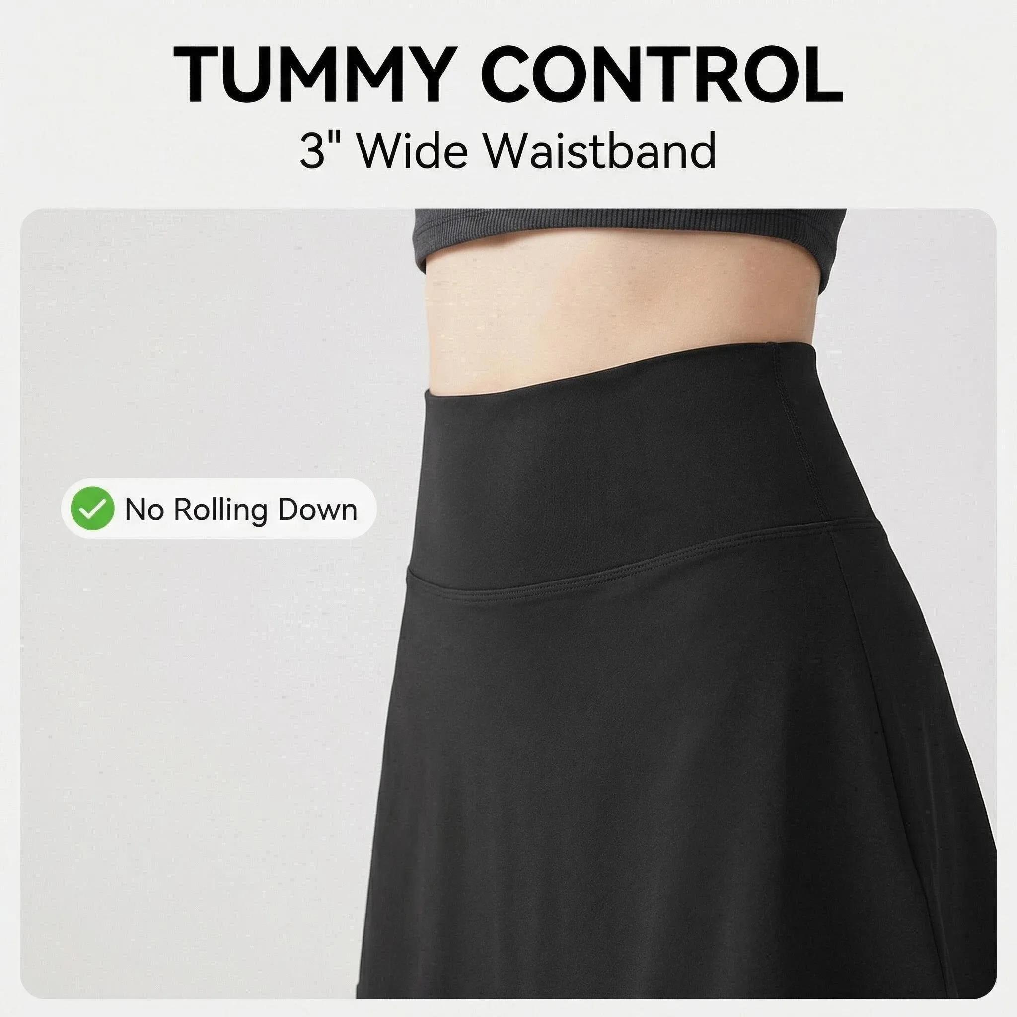 DFCF Pantalon de yoga évasé taille haute pour femme avec jupe superposée deux-en-un, détails à pompo