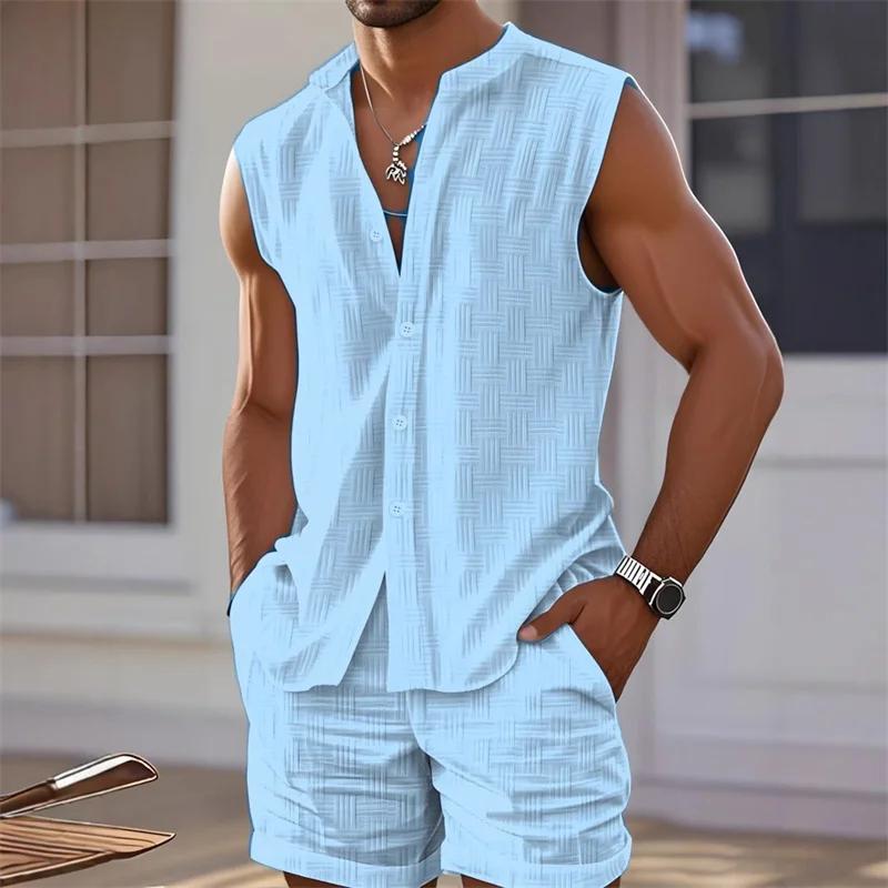 Ensemble deux pièces à carreaux pour hommes, chemise gilet, haut sans manches et short, short sans m