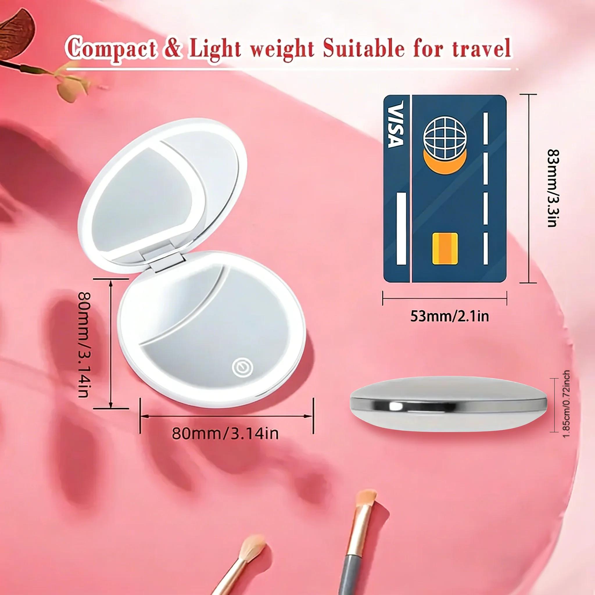 Miroir compact avec lumière, miroir de poche LED grossissant 1X/3X avec câble de données USB, mini m