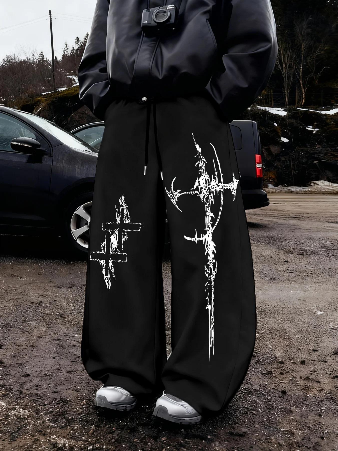Pantalon de sport décontracté et tendance pour homme, imprimé motif croisé, avec cordon de serrage,