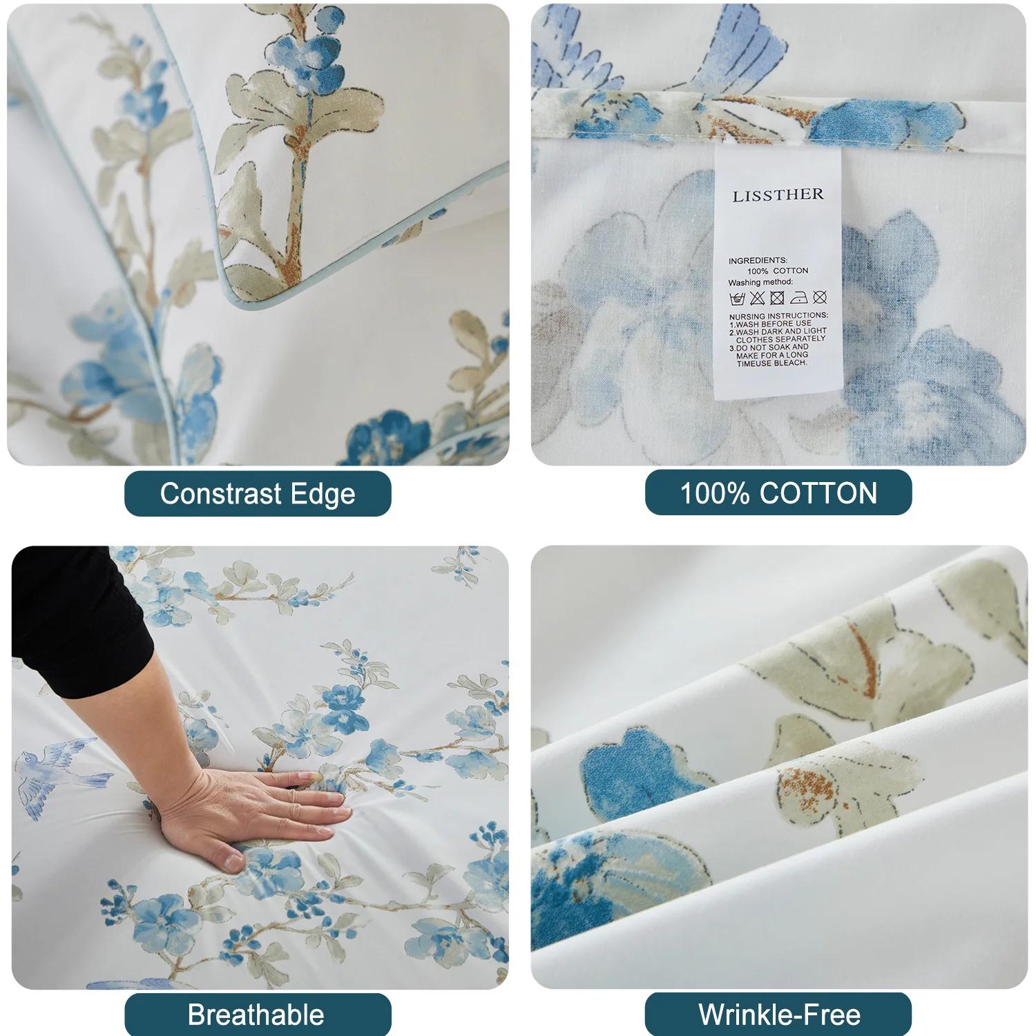 Ensemble de housse de couette 100% coton égyptien 600TC, 3 pièces, motif Floral aquarelle bleu, doux