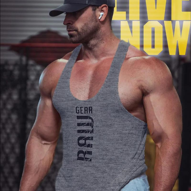 Nouveaux hommes coton débardeurs gym fitness muscle chemise sans manches mâle impression maillot de