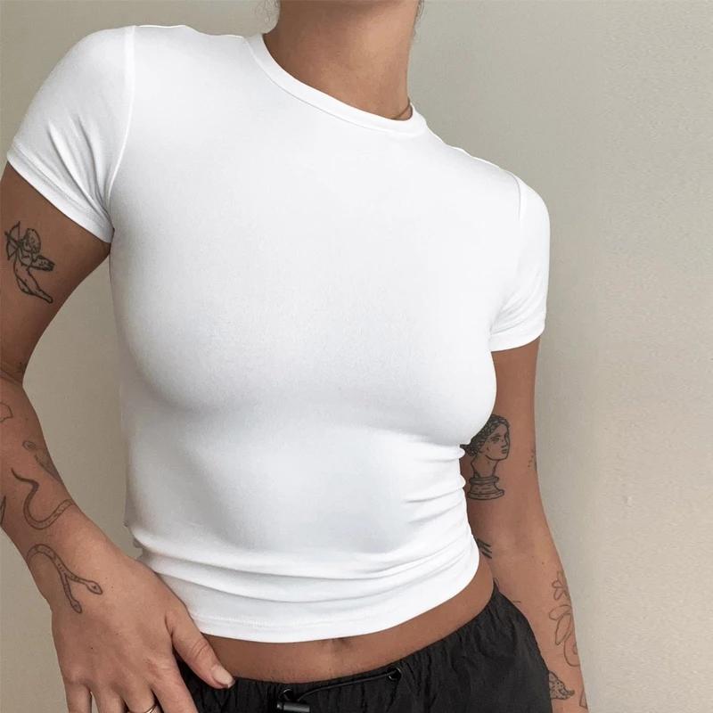 Femme vêtements à manches courtes T-shirt coupe ajustée hauts femme col rond tricoté gaine T-shirt v