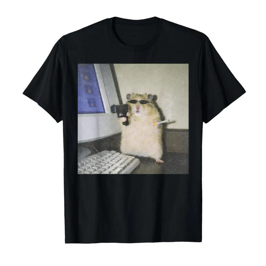 T-shirt à manches courtes et col rond pour femme, imprimé graphique vintage Cyber Hamster Meme Cring