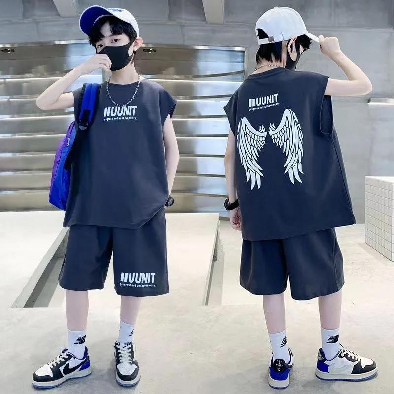 Ensemble d'été en coton pour adolescents garçons : T-shirt imprimé ailes et short (2 pièces) – Tenue
