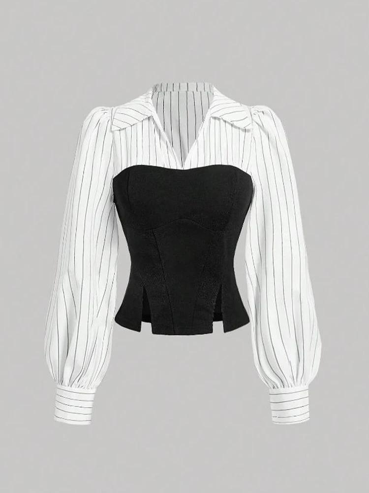 Chemise à revers épissé rayé pour femmes, tenue de bureau élégante, Style Business décontracté