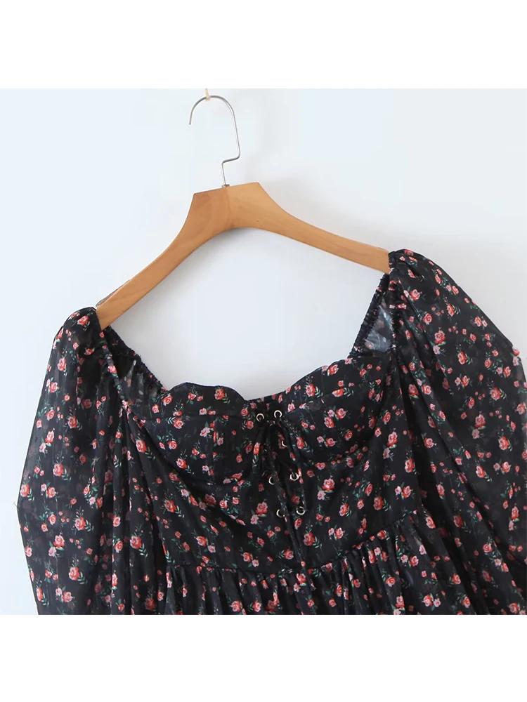 YENKYE automne mode femmes Vintage imprimé fleuri robe en mousseline de soie Sexy Semi-transparent à
