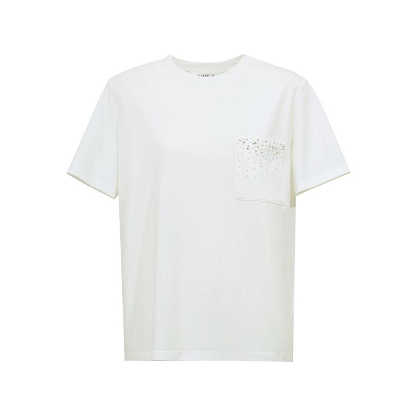 T-shirt Amii pour femme, nouvelle collection été 2026, col rond, en coton extensible, avec poche orn