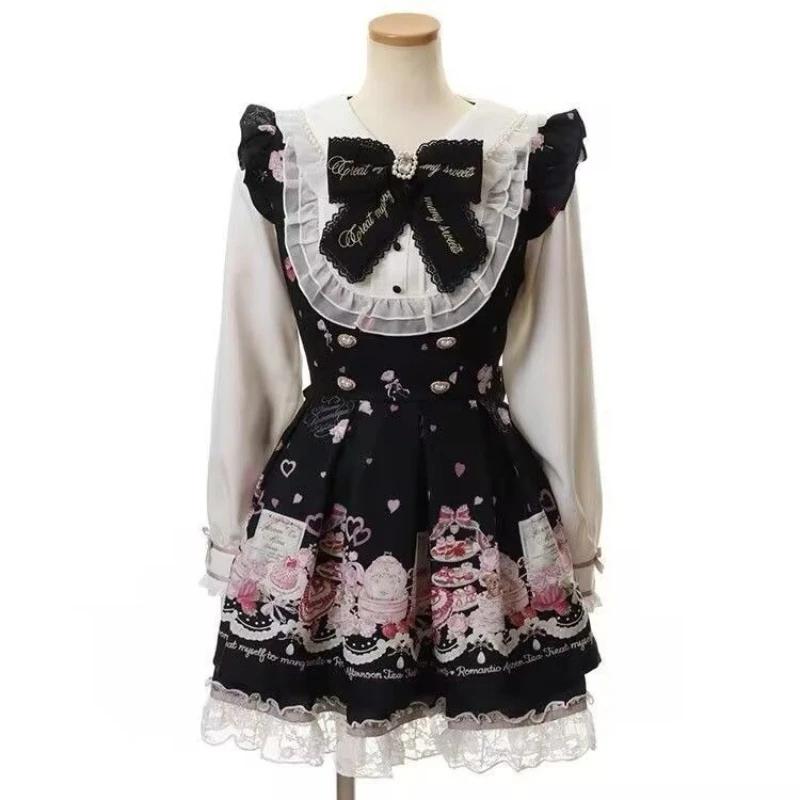 Ensemble robe japonaise Kawaii avec nœud en strass pour femme, style Lolita doux et mignon, chemise